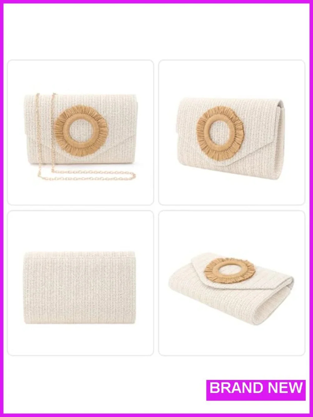 Woven Straw Clutch Purse with Detachable Chain Crossbody Shoulder Bag for Women